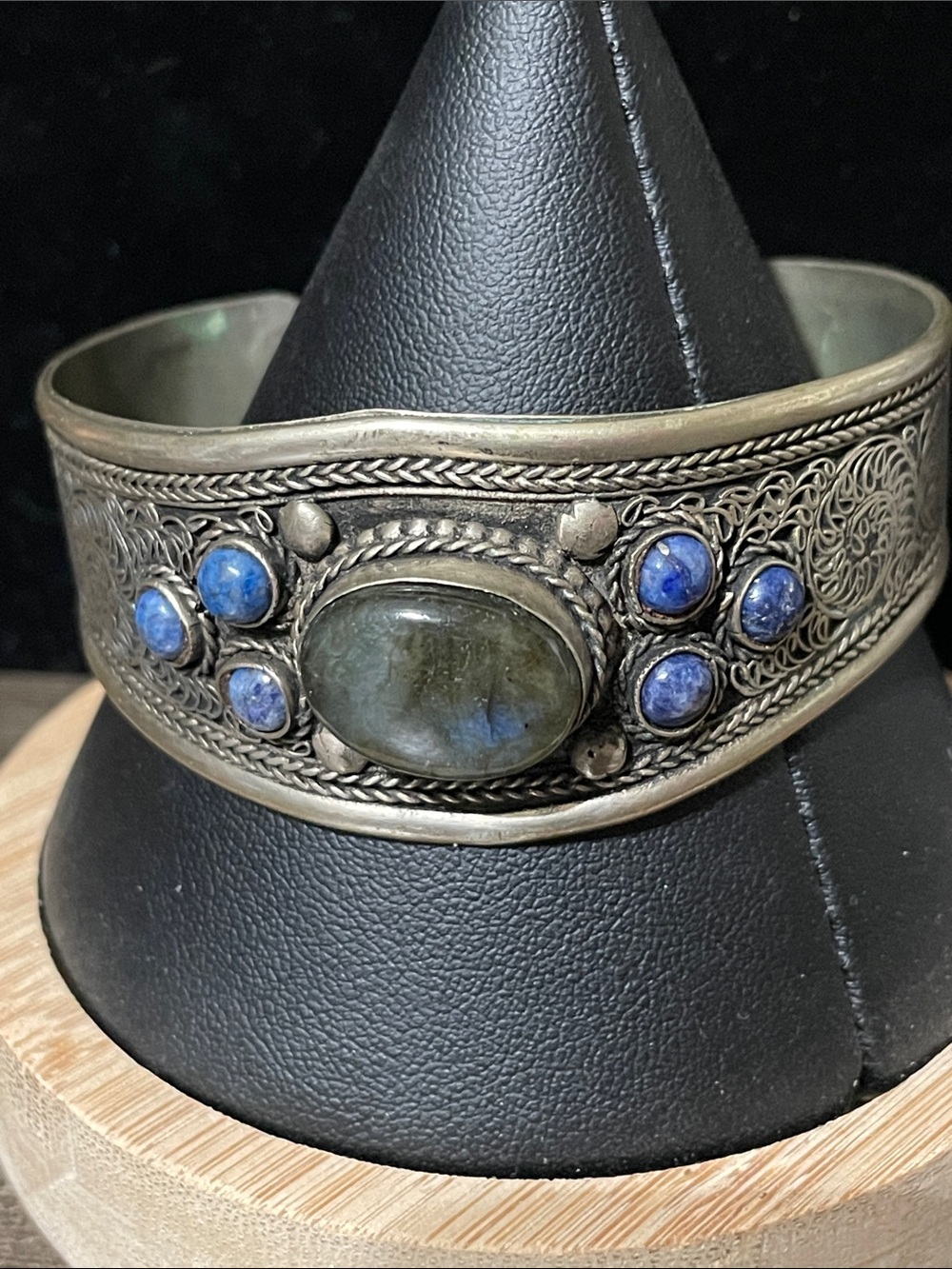 Handcrafted India Silver Cuff Bracelet with Labradorite and Lapis Accents